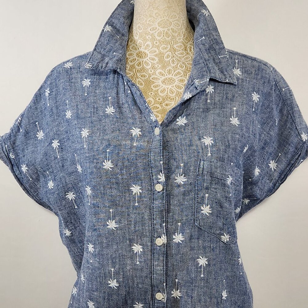 Old Navy Women's Large Denim Linen Blend Palm Tree Button-Down Tie-Front Shirt - Picture 3 of 16